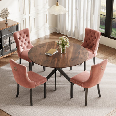 Round Wood Dining Set with Tufted Dining Chair