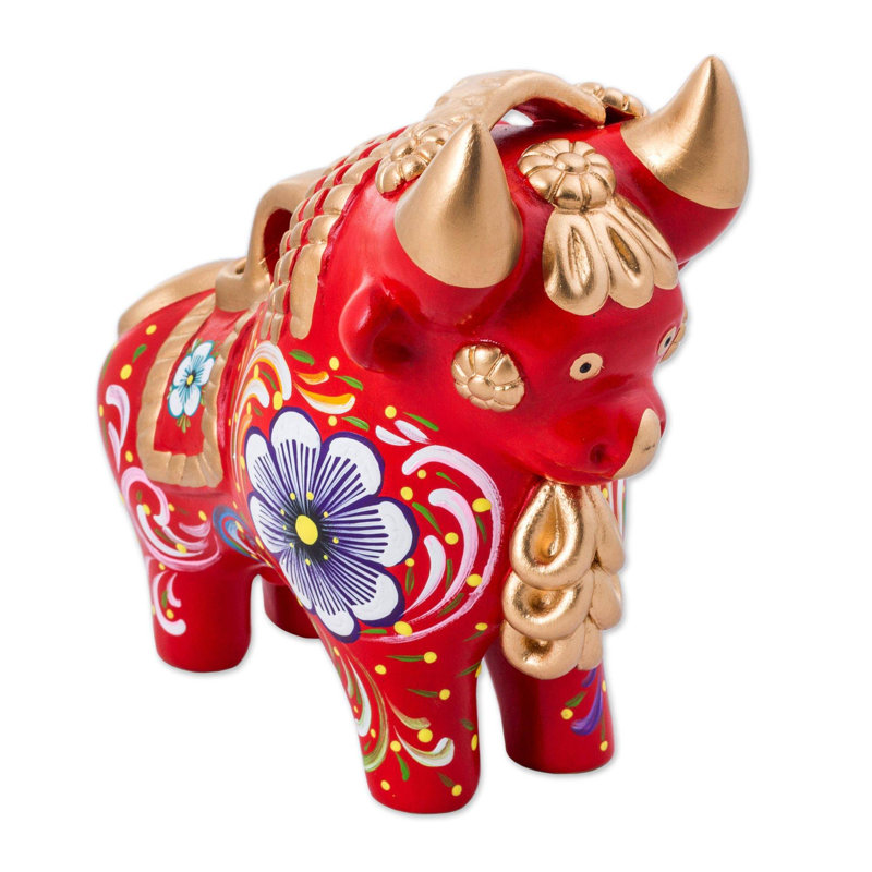 Figurine en céramique Ernald Pucara Bull, H 5,5 po x l 5,5 po x P 2,8 po, Rouge