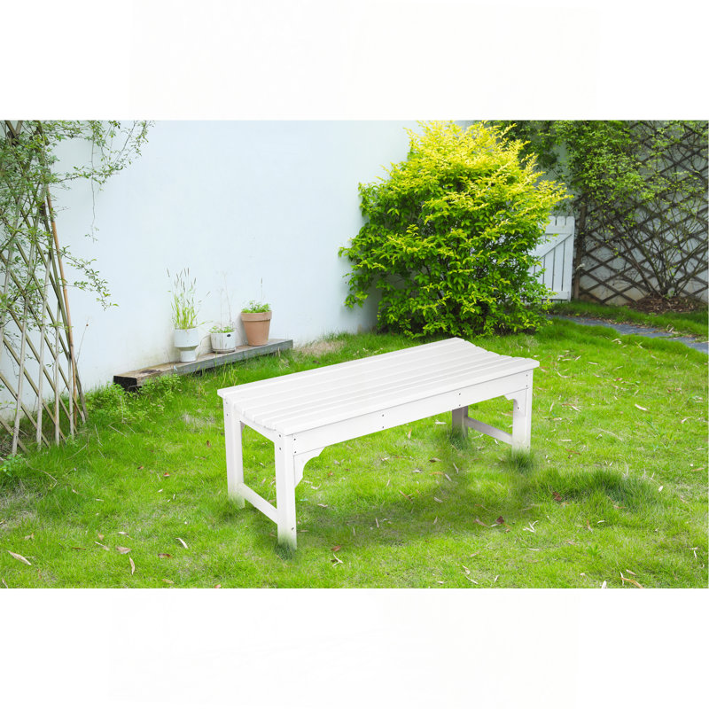 Backless HDPE Adirondack Bench With Wood Texture, Poly Lumber Seat For Patio, Backyard, Balcony, All Weather Resistant With UV Protection, White
