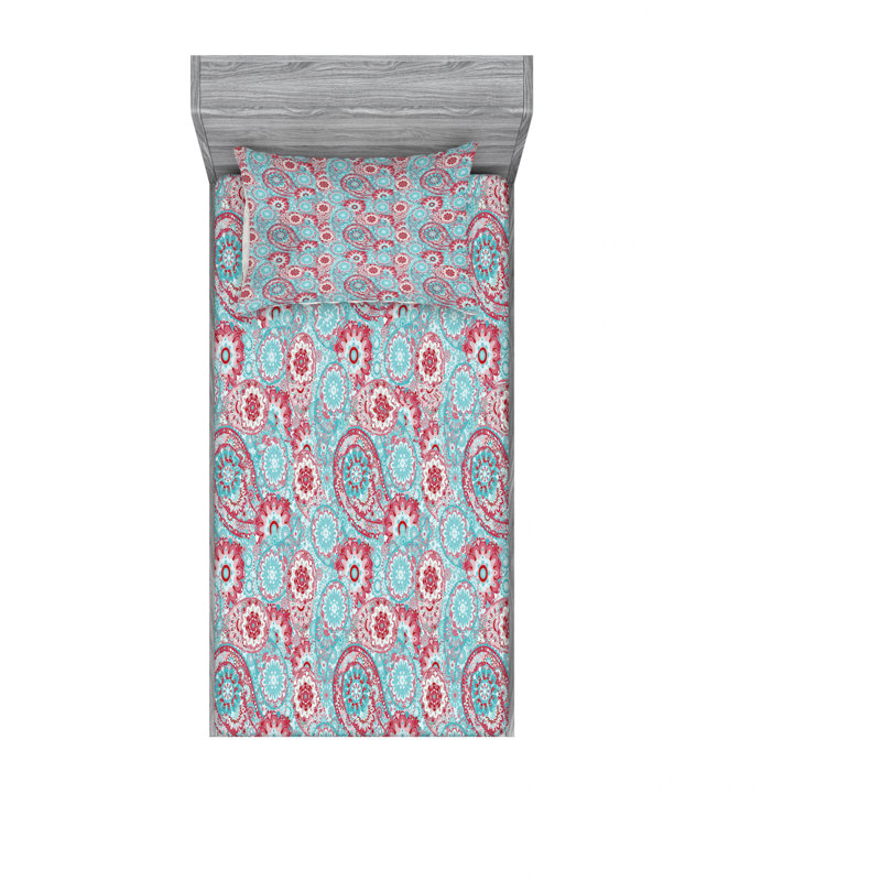 Microfiber Paisley Sheet Set, Twin Sheet Set with Fitted Sheet, Oriental Spring Flowers Paisley