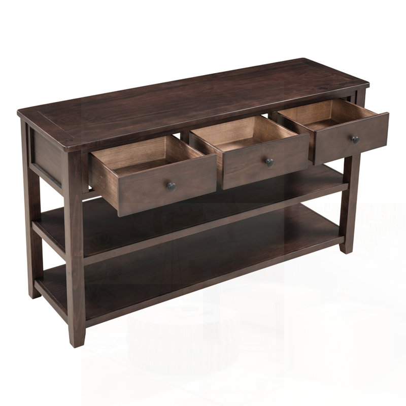 Console au design rétro avec deux tablettes ouvertes, structure en bois de pin massif et pieds pour le salon, parfaite pour la présentation et le rangement