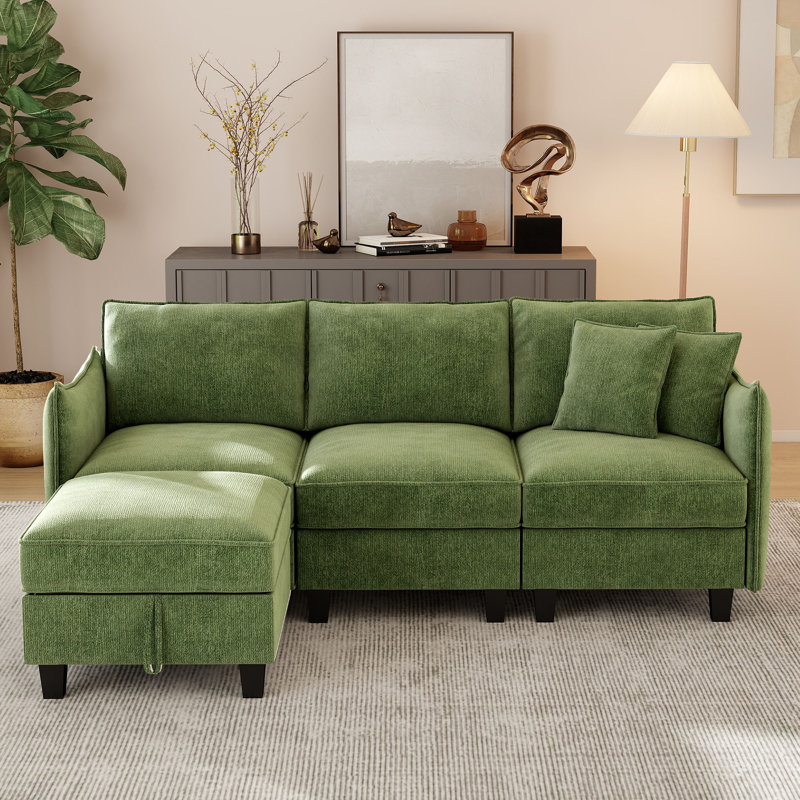 Esai 85.6" Modern 4 Seat Upholstered Chenille L Shaped Sectional Sofa with Storage Ottoman, Green