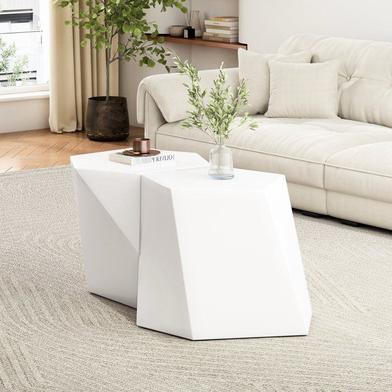Table basse moderne blanche, conception géométrique, fonctionnelle pour divers articles, aucun assemblage requis, facile à nettoyer et à déplacer, idéal pour les petits espaces,