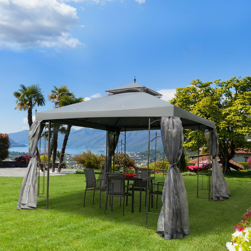 Abri de jardin 1 pièce en polyester 10 pi x 10 pi gris avec rideaux et filet, Gris