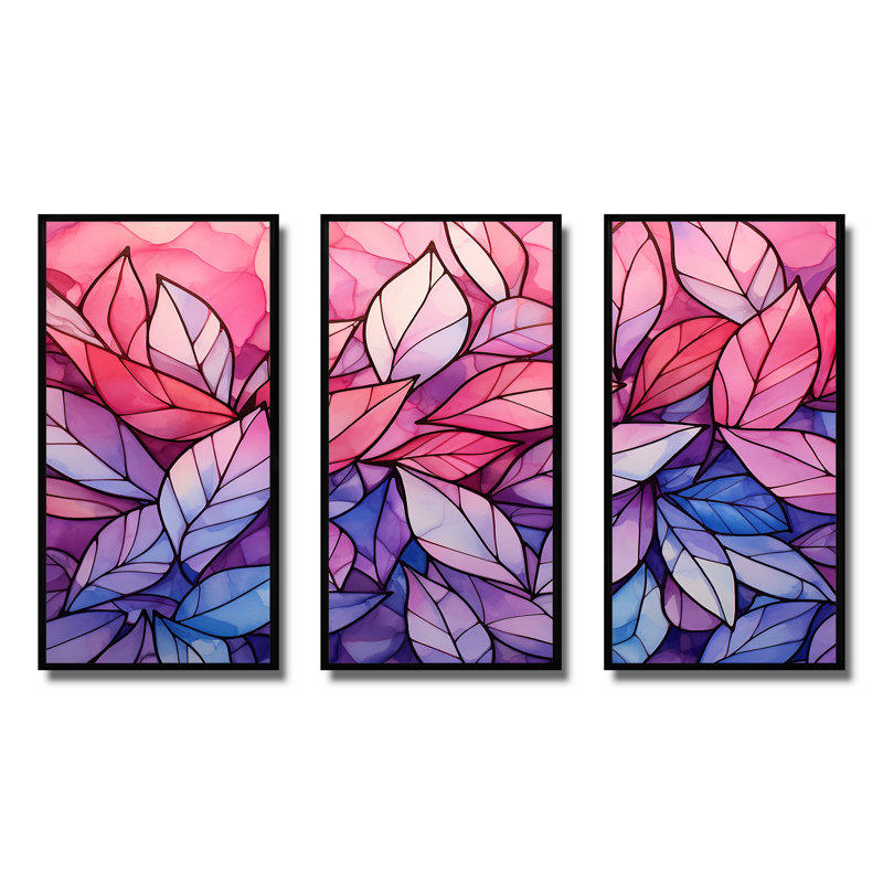 Rose et mauve, plantes tropicales, feuilles II - fuchsia, art mural, Cadre flottant noir, H 28 po x l 36 po x P 1 po