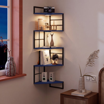 Corner Floating Shelves with Lights - 5 Tiers Corner Shelf Wall Mounted, Bookshelf with LED Light, Floating Shelves for Wall, Display Shelf for Bedroom,Living Room,Office&Home Decor-Navy Blue