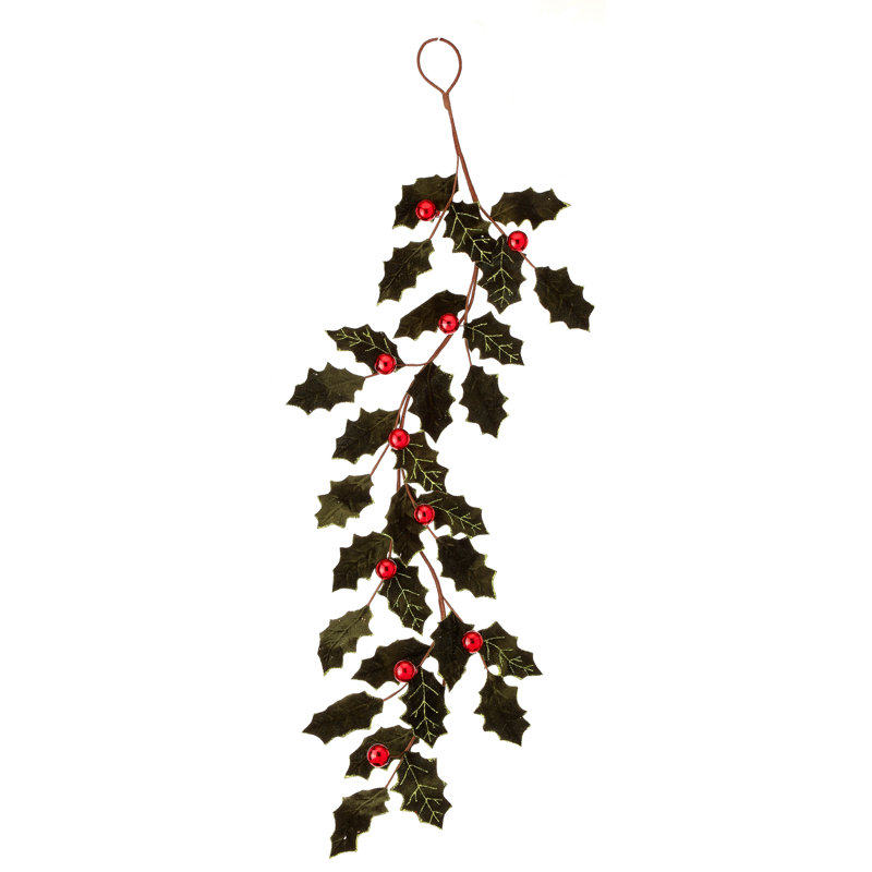 47" Velvet Holly Leaf Garland With Ball