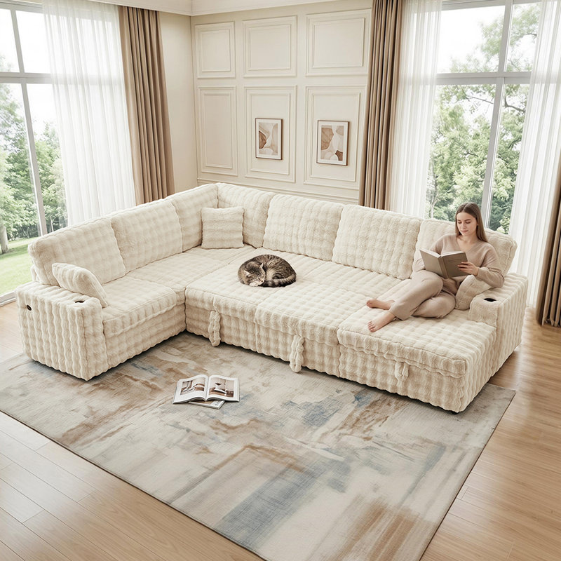 U-Shaped Sectional Sleeper Sofa with Pull-Out Bed and Storage Chaise Lounge, USB and Type-C Ports, for Living Room Apartment Small Space
