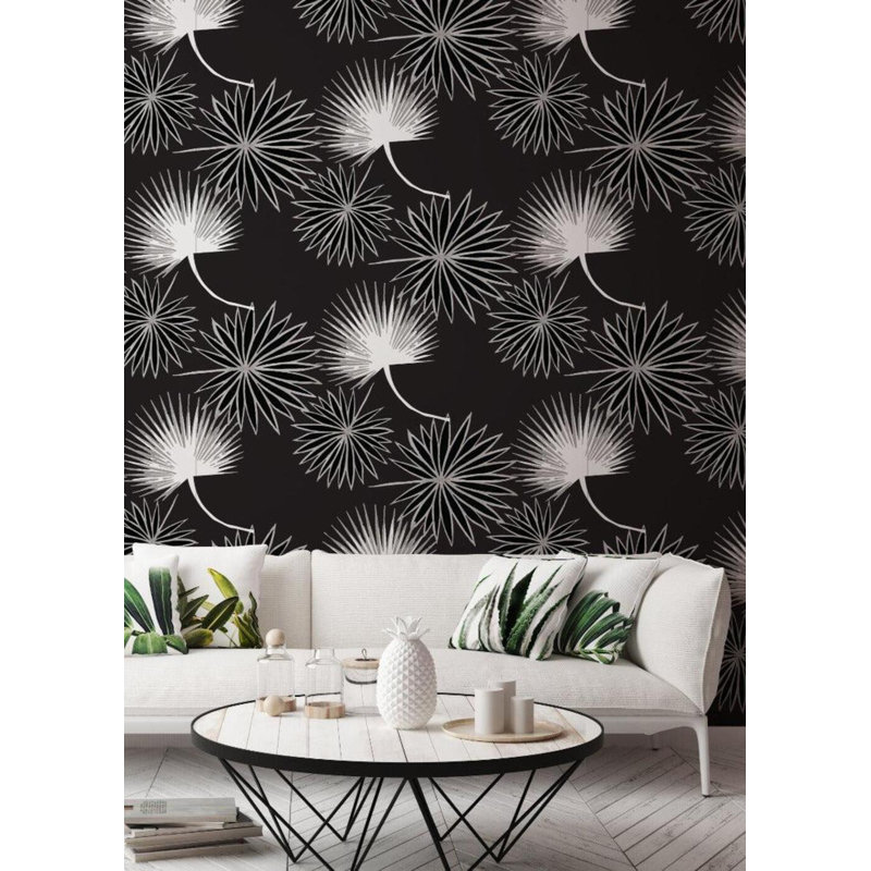 Cabbage Palm 10' L x 24" W Peel and Stick Wallpaper Roll, Black, Faux Grasscloth, Non-pasted