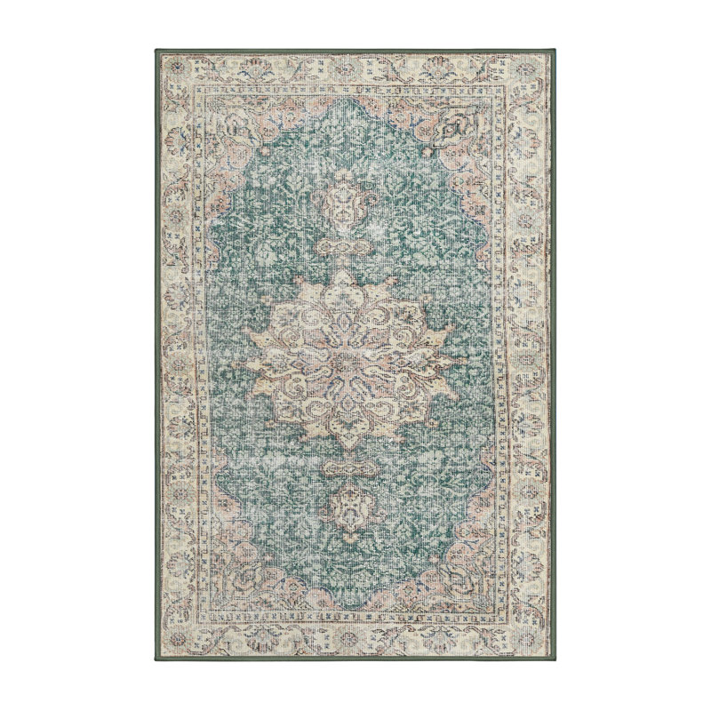 Tapis beige traditionnel/bleu marine Triamkitsawat, Rectangle 5 pi x 7 pi