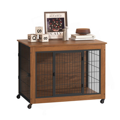 38.6" Dog Crate Furniture with Wheels for Small Dogs, Heavy Duty Dog Kennel Indoor with 2 Doors, Wooden Pet Cage End Table, Double-Doors Sturdy Metal Dog Cage for Anxiety Dog