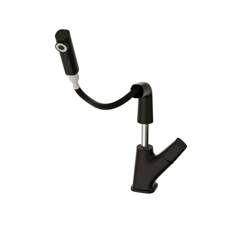Robinet de salle de bain escamotable avec finition noir mat, trois modes de débit d'eau, fonction à deux modes, robinet à valve lisse, apparence, rotation à 360 °, fonctionnement