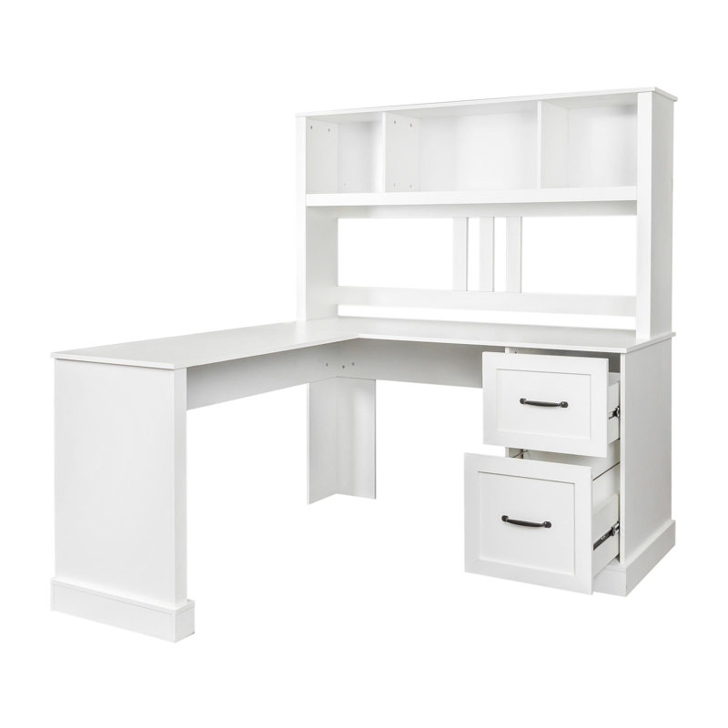 Bureau d'ordinateur à domicile avec huche, finition blanc antique, Blanc