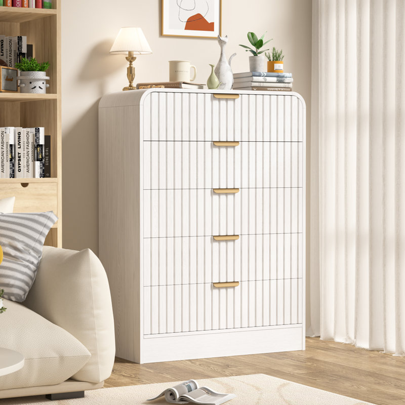 Fluted 5-Drawers Dresser Organizer with Curved Edges Design for Bedroom, White