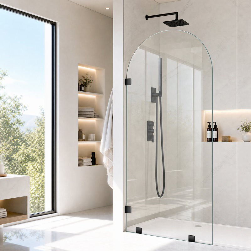 Écran de douche fixe l 28 po x H 80 po, panneau de verre arqué avec verre trempé transparent de 3/8 po, panneau de verre simple sans cadre, porte de douche à l'italienne, noir mat