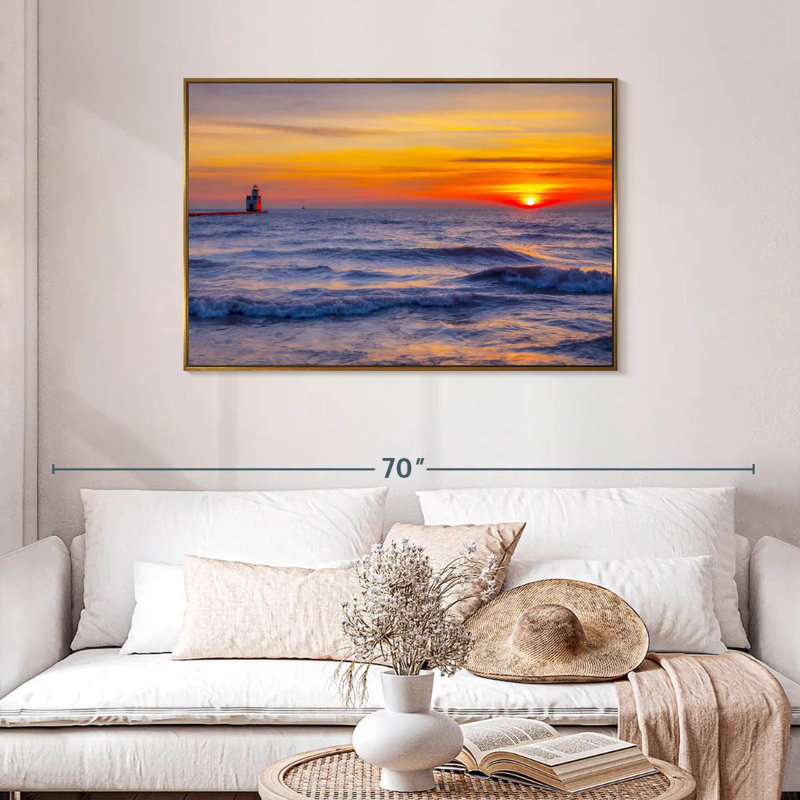 Phare sur le lac Michigan, Cadre flottant doré, 43 po x 29 po