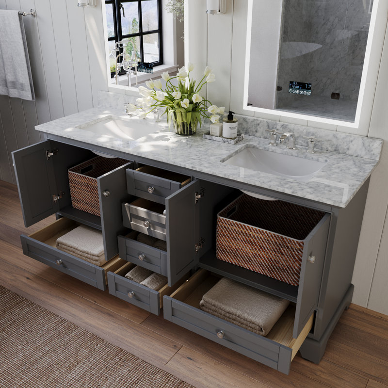 Audrey 72'' Double Bathroom Vanity with Carrara Marble Top, Sapphire Gray | Brushed Nickel