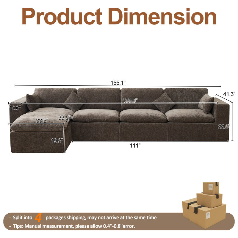Compression Sectional Couch with Ottoman, 5, Brown Chenille
