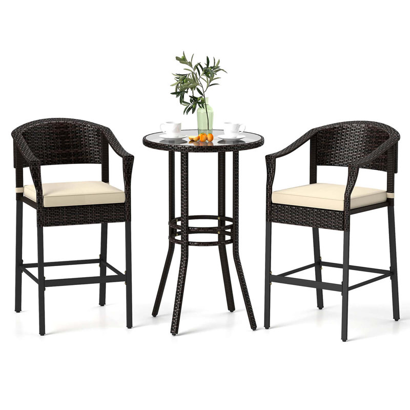 3 Pcs Patio Rattan Bar Set Wicker Armchairs & Round Table With Tempered Glass Top