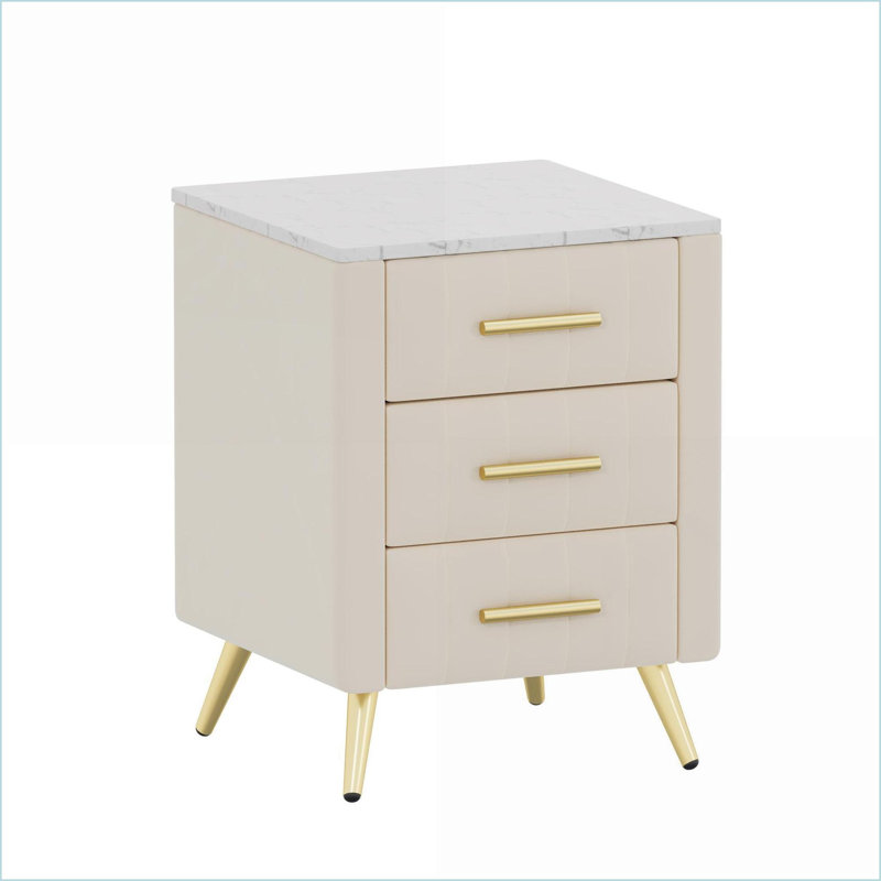 Table de chevet rembourrée beige à 3 tiroirs Plateau marbré