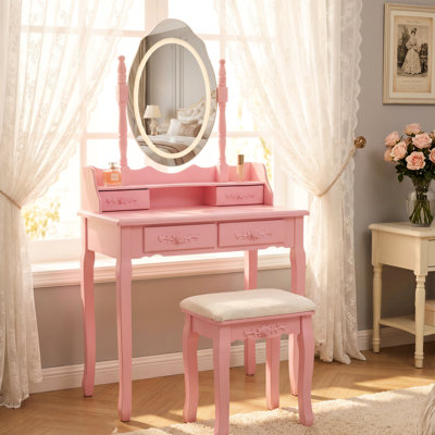 Meuble-lavabo rose avec miroir à DEL, 4 tiroirs, tabouret rembourré, rangement spacieux, design moderne, cadre stable pour bureau de chambre à coucher, table en bois avec tiroir, assemblage facile et éclairé, lisse