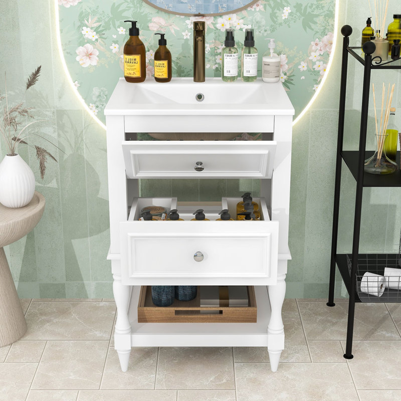 Meuble-lavabo avec lavabo en céramique, 2 tiroirs et tablette ouverte, White