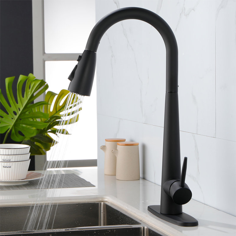 Topcraft Pull Down Single Handle Kitchen Faucet with Deck Plate, Matt Black