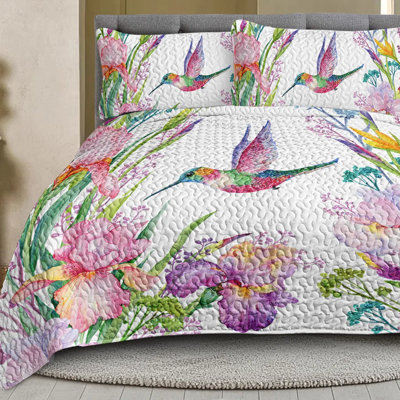 Colorful Bird Flower Design Quilt Set 3-piece, All-season Soft Microfiber Bedding Set With 2 Pillow Shams For Queen & King Size Bed