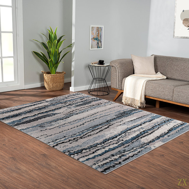 Tapis tissé à rayures abstraites, Bleu, Rectangle 5 pi x 7 pi