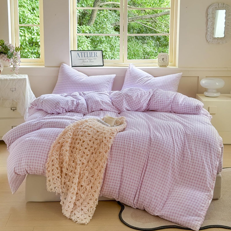 Gingham Duvet Cover Set, Grid Simple Geometric Square Pattern Comforter Cover, Soft Plaid Washed Microfiber Bedding Cover