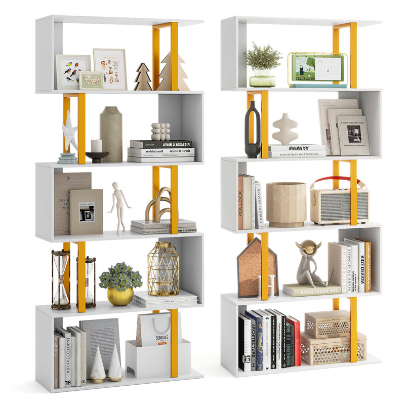 2 PCS Geometric Bookcase S-Shaped Bookshelf w/ Metal Frame Gold, (5 Shelves) 62"H x 27.5"W x 9.5"D