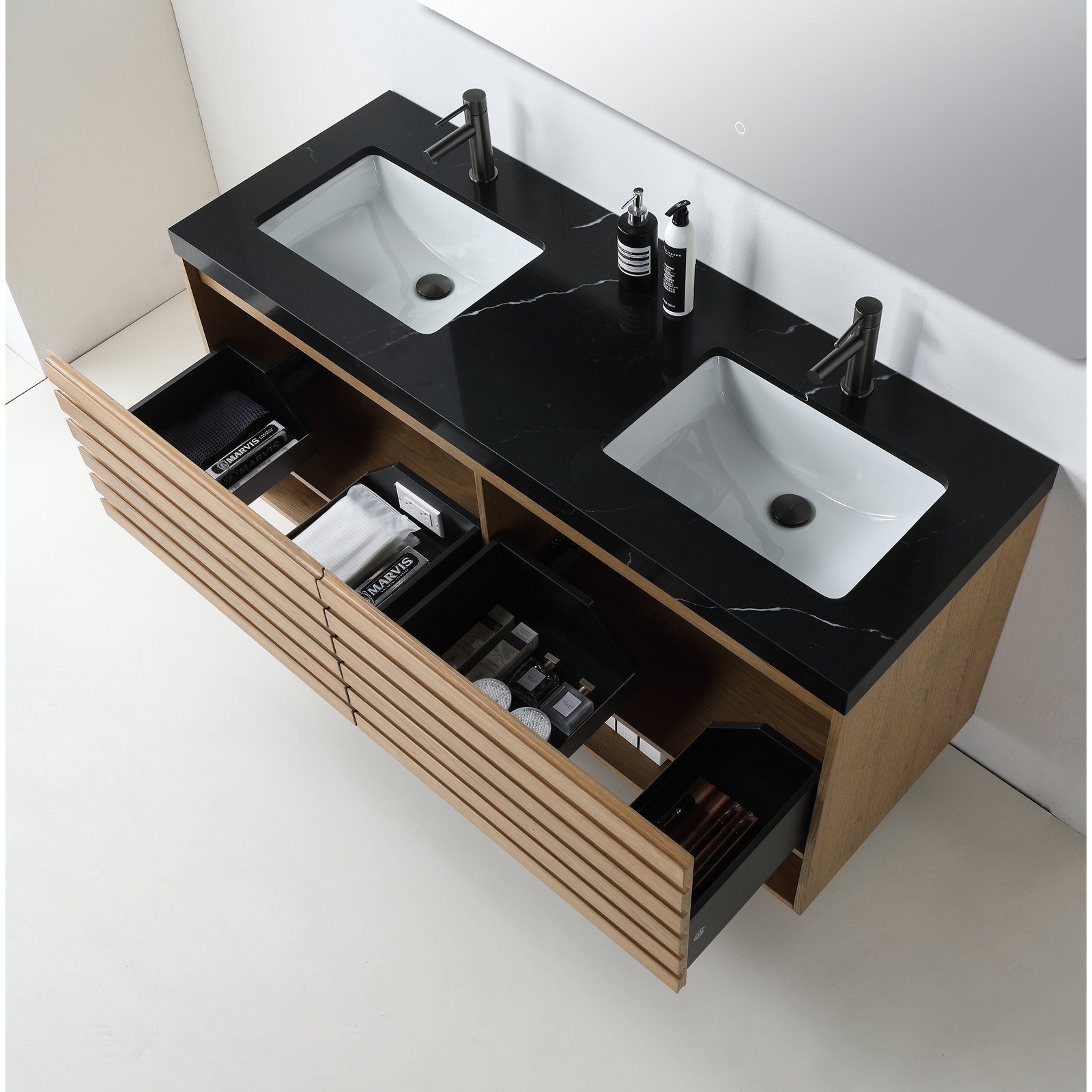 Maumelle 60" Cedar Double Bathroom Vanity, Pecan Oak, Black