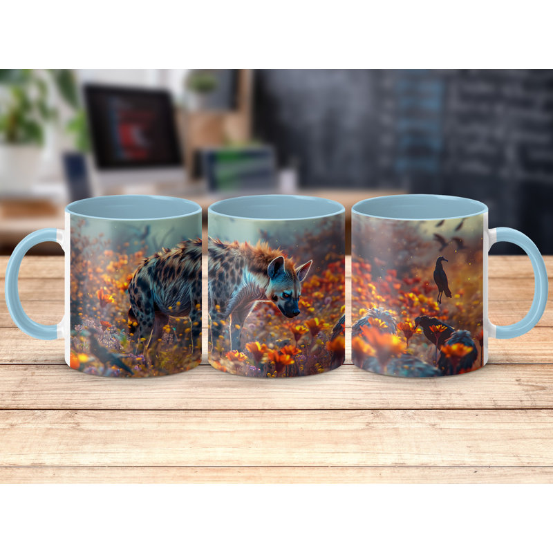 Set of 4 Animal Design 11oz Accent Mugs – Ceramic Coffee Cups with a Light Blue Handle and Interior