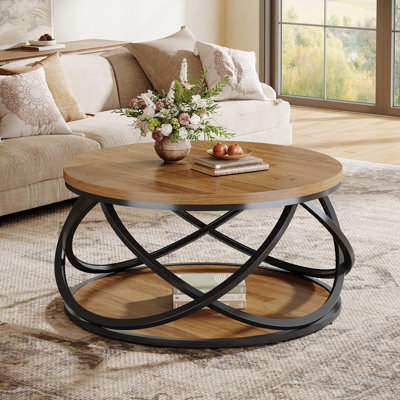31.5" Modern Round Coffee Table with Storage Shelves, 2-Tier Rustic Circle Center Table with Metal Frame For Living Room, Small Space, Brown