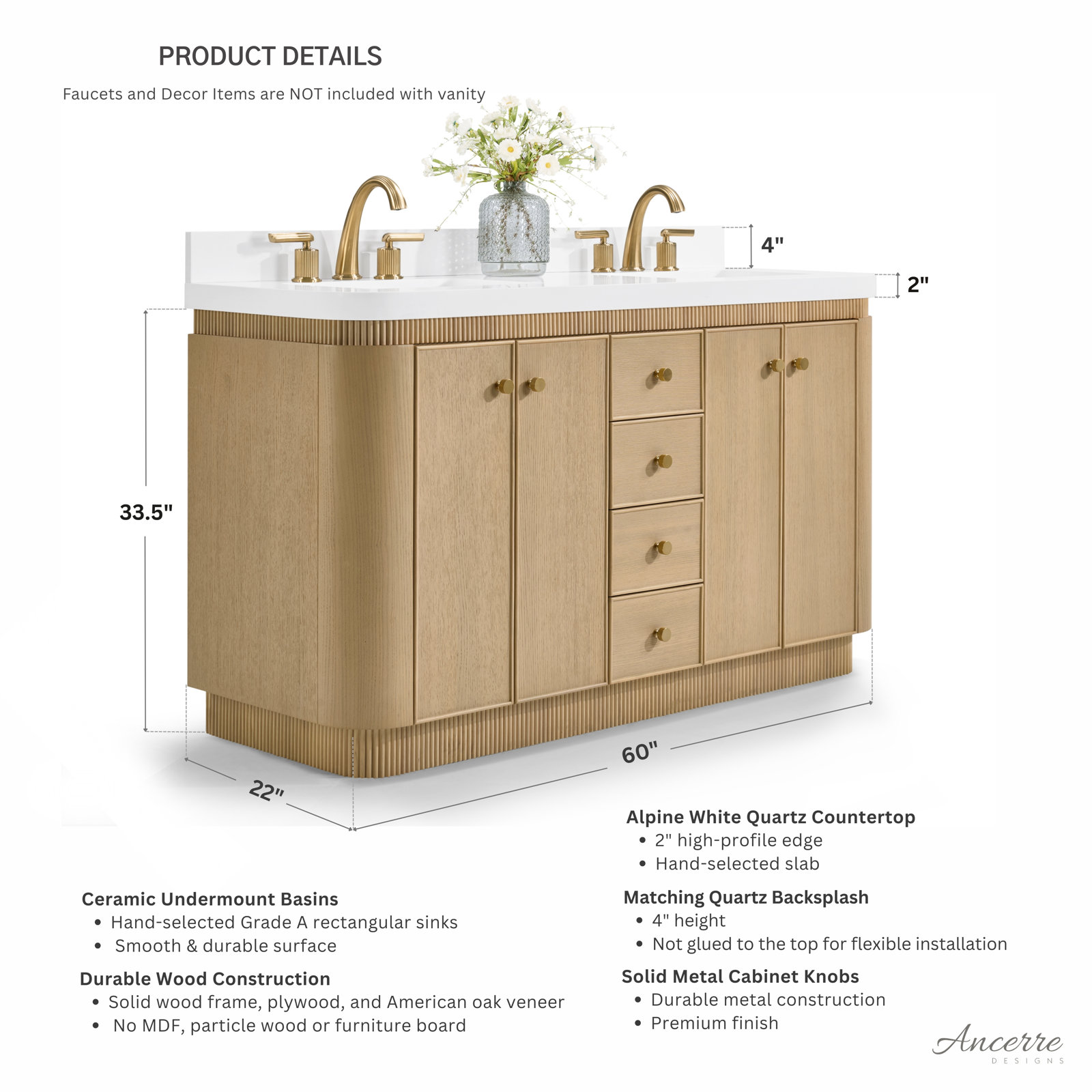Aston Oak Single Bathroom Vanity, Natural Oak, 60 inch