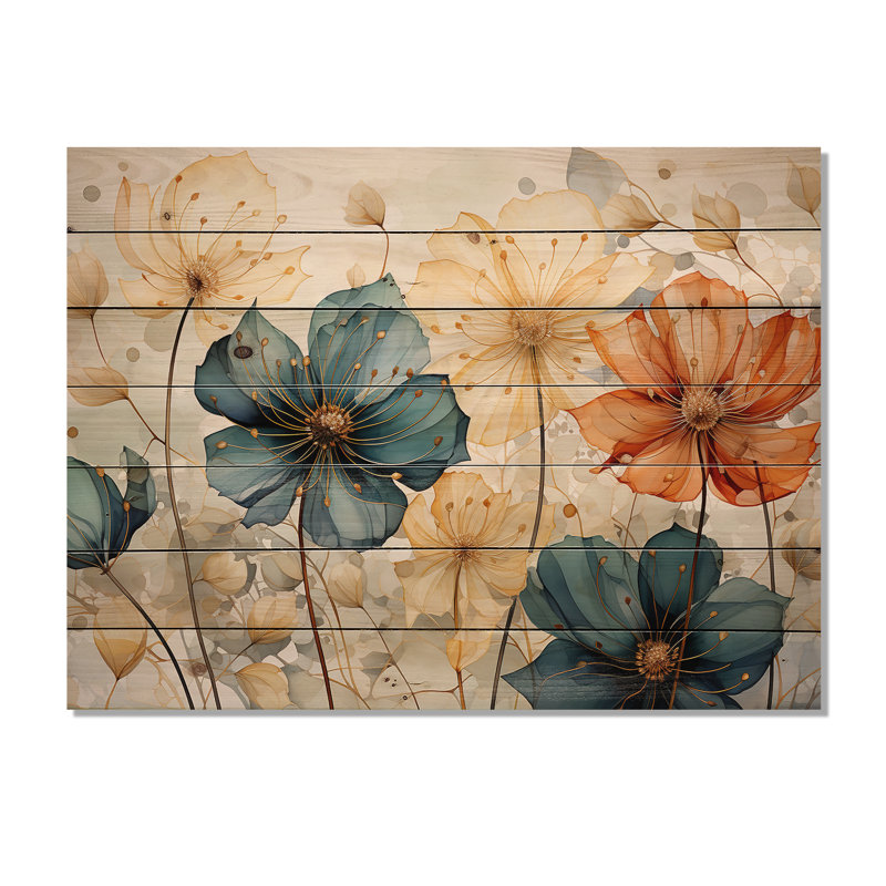 Mosaïque de pétales orange sarcelle I sur bois, H 10 po x l 20 po x P 0,78 po