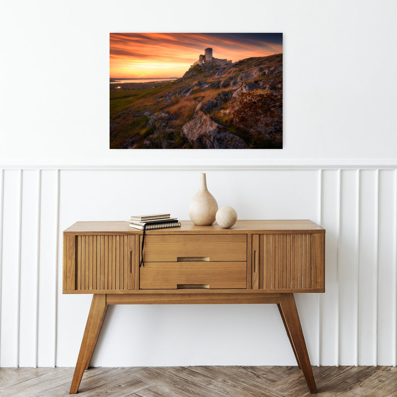 Ruines de château au coucher du soleil doré - Paysage de montagne romantique et paisible - Affiche murale, H 16 po x l 24 po