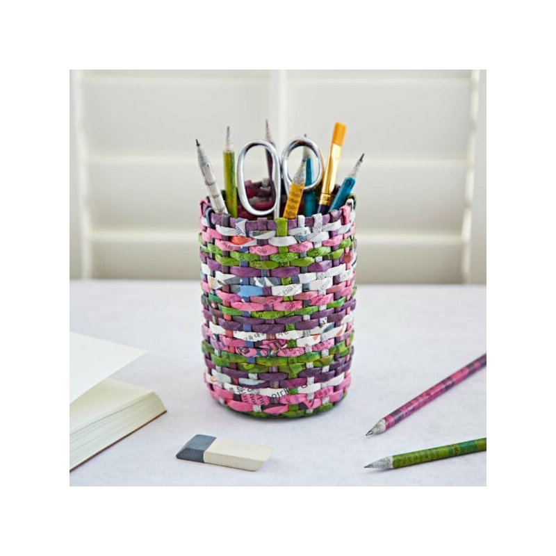 Round Recycled Newspaper Pencil Holder, Natural/Green/Pink/Purple