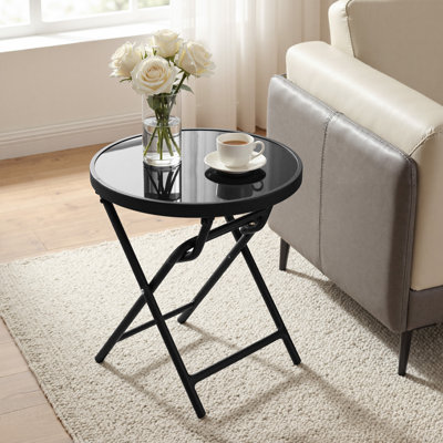 Round Outdoor Folding Side Table with Tempered Glass Top