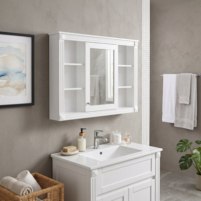 Wall-Mounted Mirror Cabinet with Functional Storage Shelves and Door, Mirror