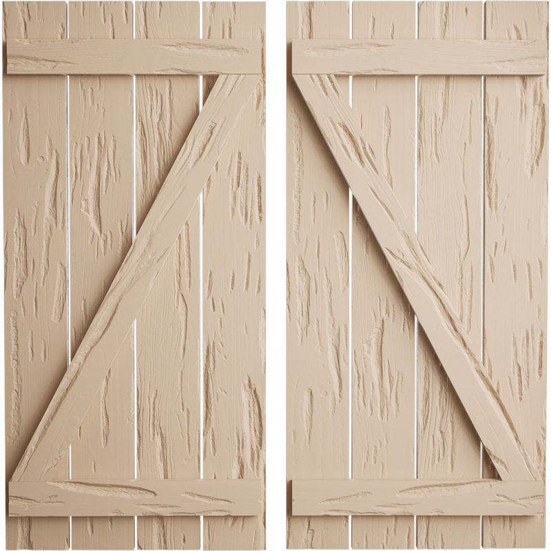 Volets rustiques à quatre planches espacées avec planche en Z (par paire), Texture cyprès Pecky / brun clair apprêté, 23"