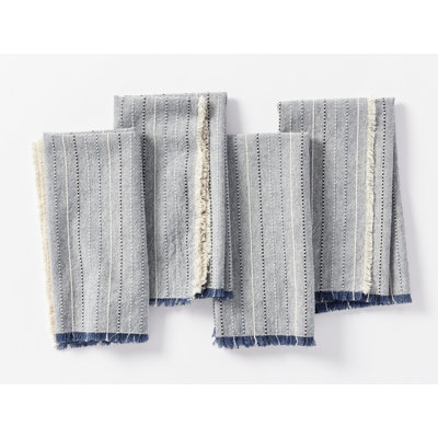 Serviette neutre à franges et rayures