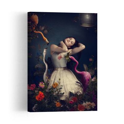 Enchanted Flamingo Dream Elegant Serene Surreal Bird Flamingo Portrait Tropical Wall Art Print 1 Piece Wrapped Canvas Wall Art