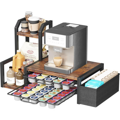 Organisateur de K K Cup pour comptoir, peut contenir 60 K-Cups et 10 bouteilles de sirop, tiroir coulissant avec verrou antidérapant, panier latéral et support à sirop, brun rustique