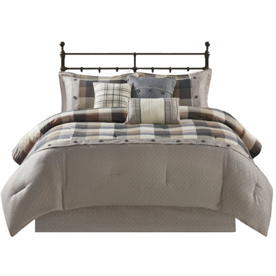 7 Piece Herringbone Comforter King, Buffalo Plaid, 2 Shams, 3 Pillows, Bed Skirt, Filling, Wrinkle King , Print, Plaid Pattern, Decorative Machine Washable Skirt