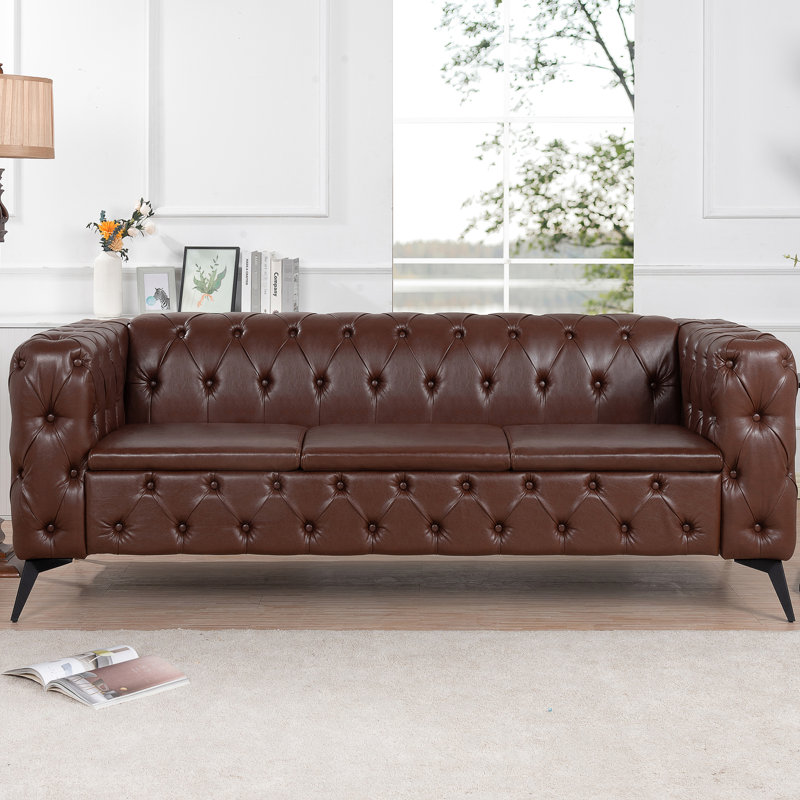 82,99 pouces de largeur pour trois personnes, accoudoirs carrés, coussin amovible, unité centrale brun foncé, pieds en fer, conception captivante à 3 places, hauteur de 29,81 pouces, coussin en mousse