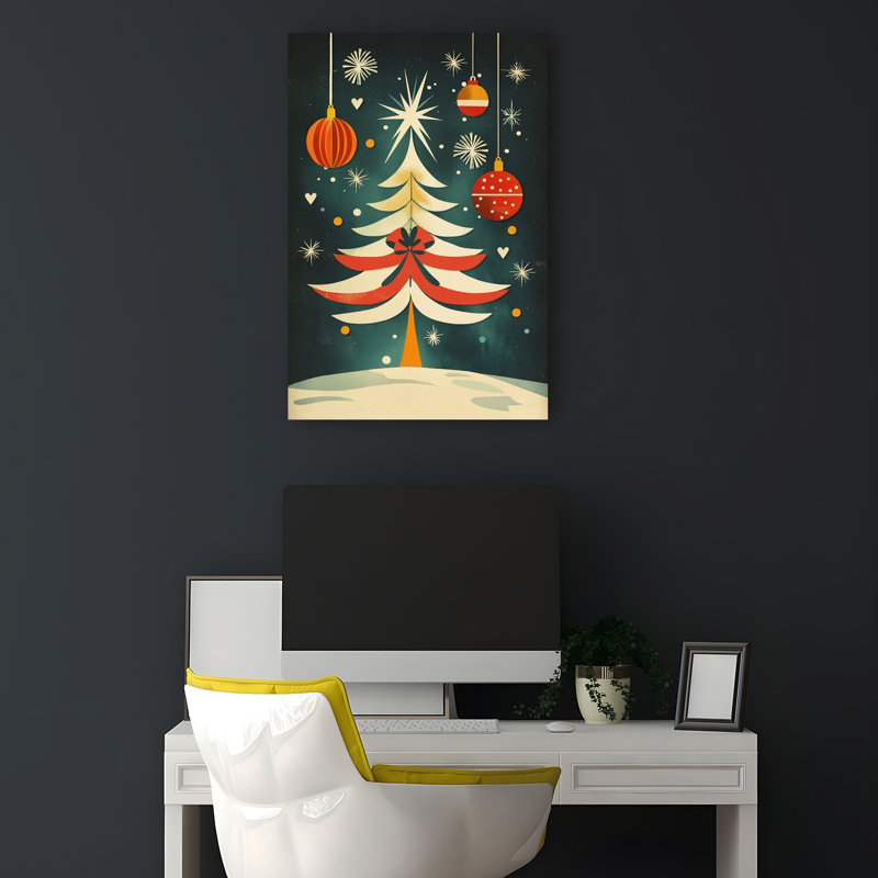 «Festive Mid-Century Tree Classic Modern Retro Christmas Tree Winter Landscape», reproduction d'art mural, 18" H x 12" W