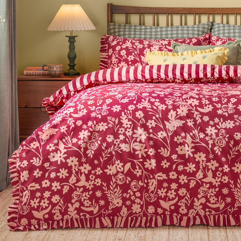 Posie Cotton Blend Duvet Cover Set, Super King Duvet Cover + 2 Standard Pillowcases, Red, Pink Floral, Striped