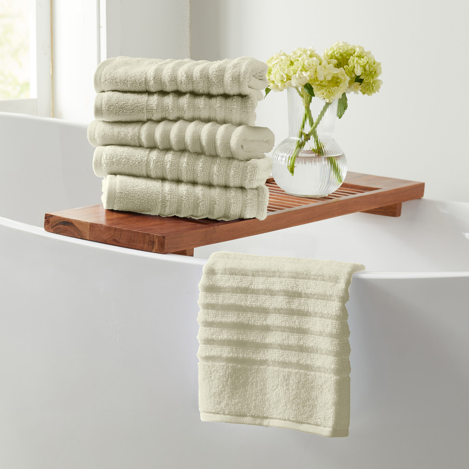 Zero-Twist Cotton Ribbed Hand Towels, Sage Green, Hand Towels - 6 Pack