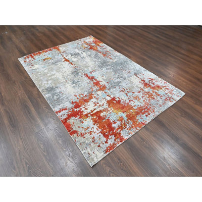 Tapis oriental orange brûlé et gris 6 pi 1 po x 8 pi 10 po avec motif mosaïque en feu noué à la main en laine et soie
